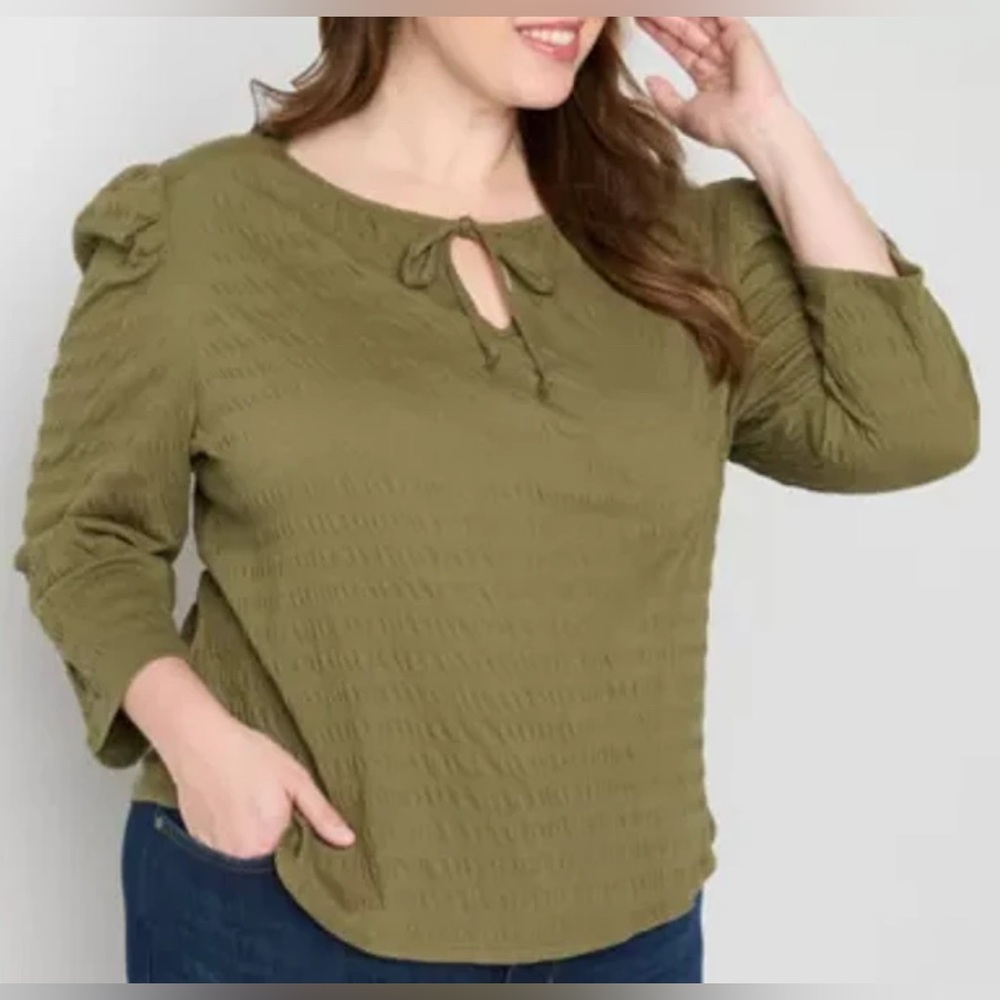 Frye & Co Sz XL Olive Green boho Crinkle Textured Tie Front Top Puff Sleeve